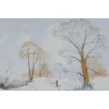 Frank Halliday, figure and dog in a snow covered landscape, signed watercolour, 13" x 11"