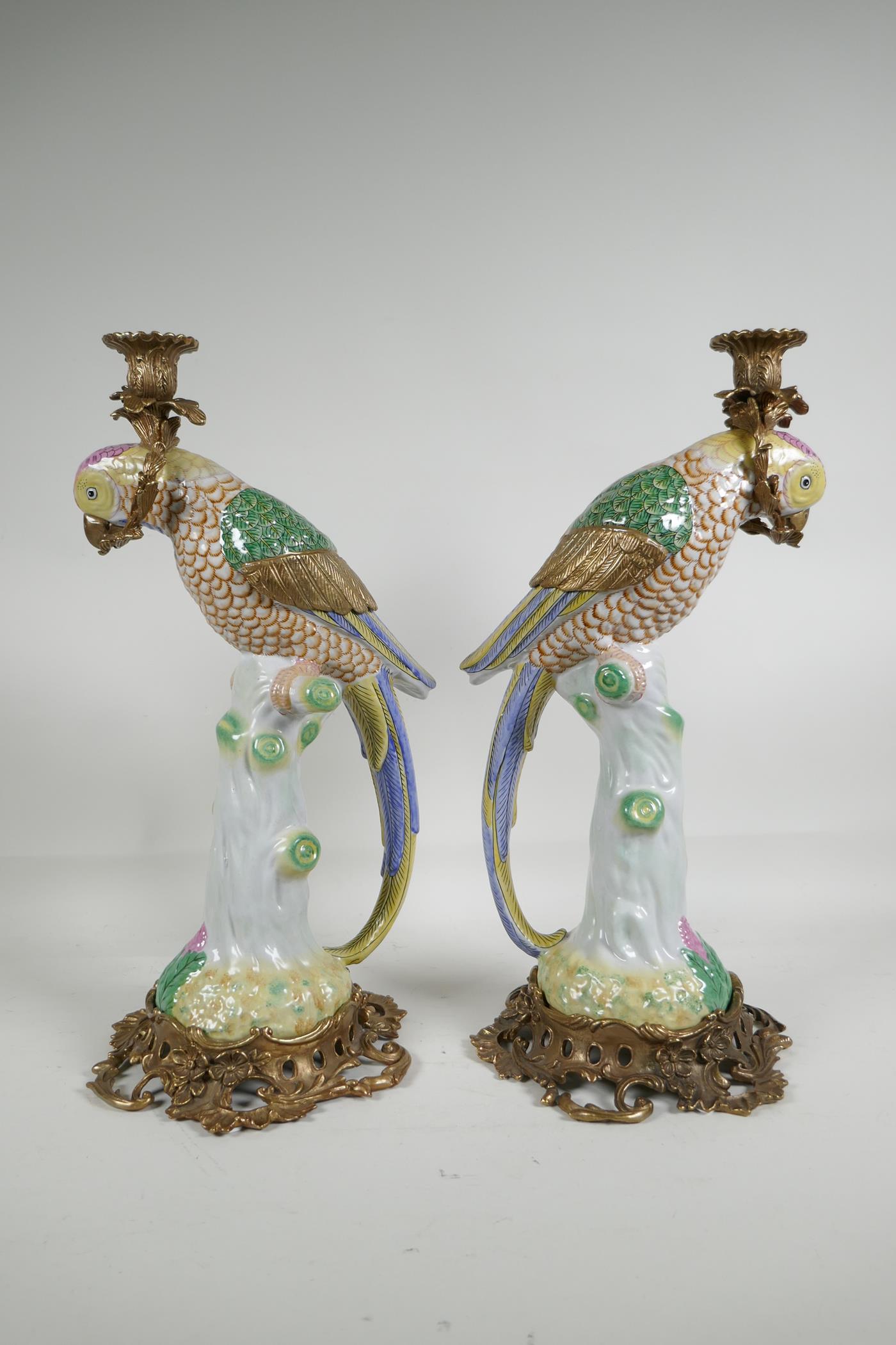 A pair of polychrome porcelain and gilt metal parakeet candlesticks, 16" high - Image 4 of 5