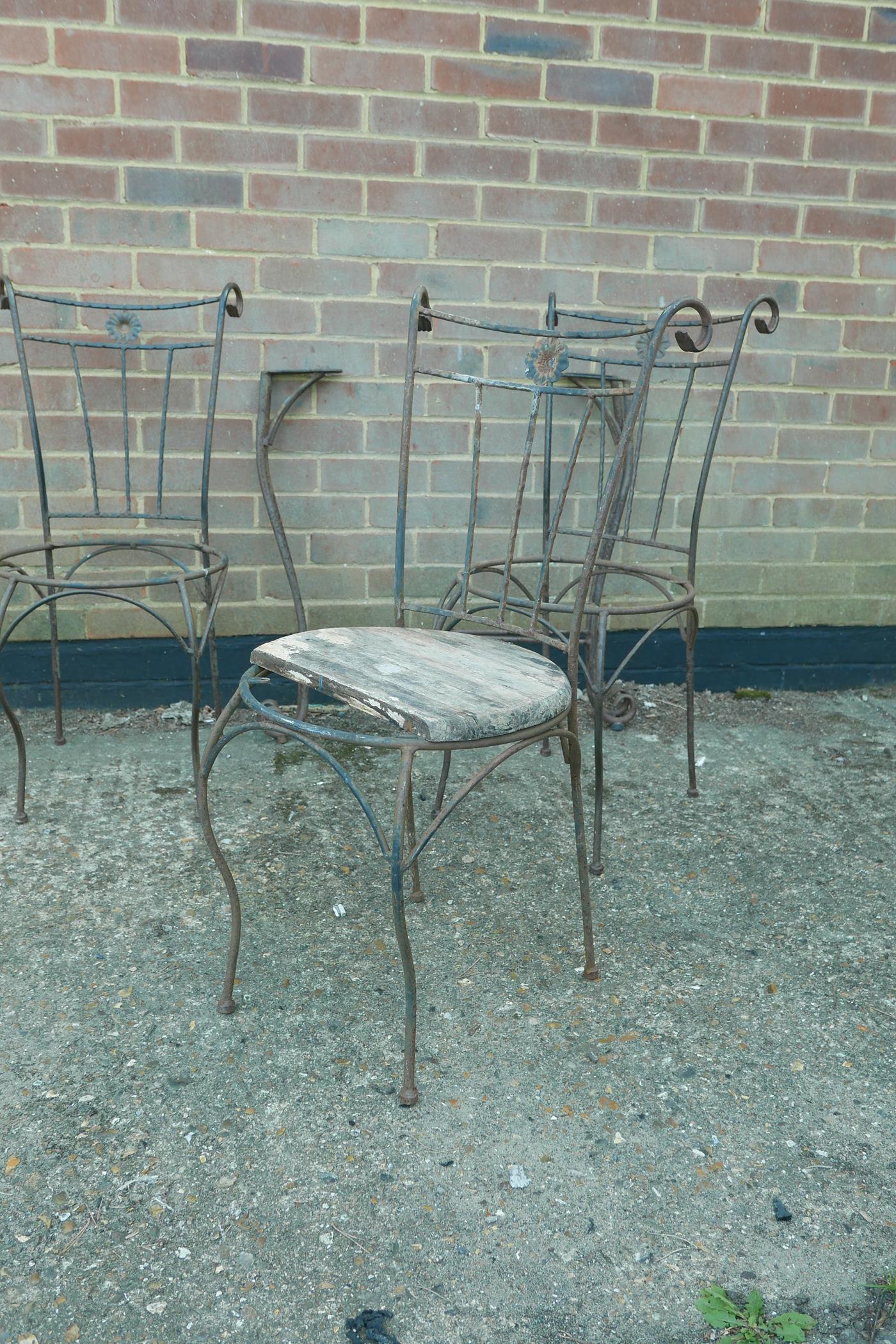 A set of six wrought iron garden chairs and matching table base, A/F, lack seats - Image 2 of 4