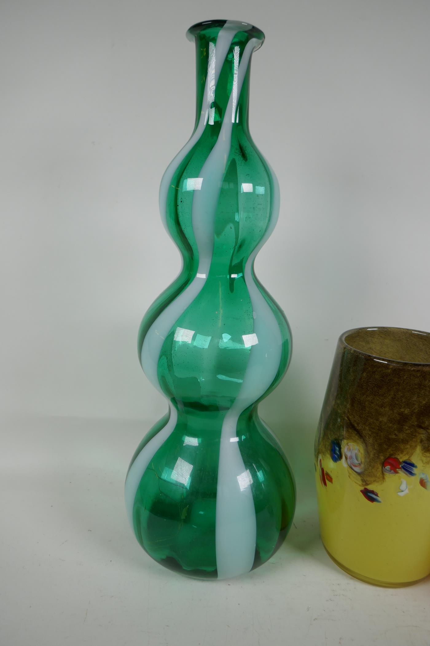 A Murano triple gourd green and white glass vase, 16" high, together with a Strathern studio glass - Image 2 of 4