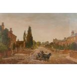 A C19th naive village scene with horse drawn cart, indistinctly signed and dated 1881, oil on