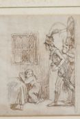 A sepia drawing, soldiers entering a room, disturbing a child's prayers, 3" x 4"