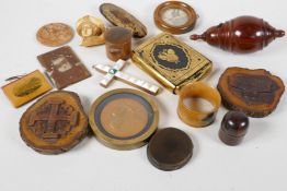 A collection of bijouterie including treen, a meerscham pipe bowl, mementos from the Holy Land, etc.