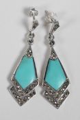 A pair of Art Deco style 925 silver, marcasite turquoise enamel drop earrings