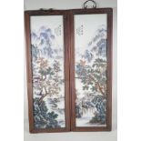 A pair of Chinese famille verte porcelain panels, with printed riverside landscape decoration,