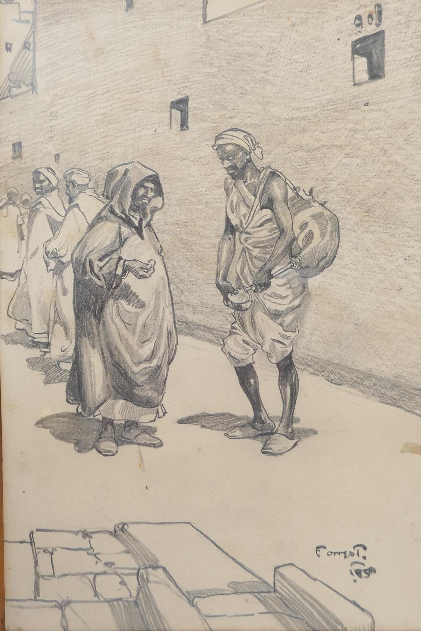 A. S. Forrest, pencil sketch of an arab street, water vendor signed, 6" x 9" - Image 2 of 5