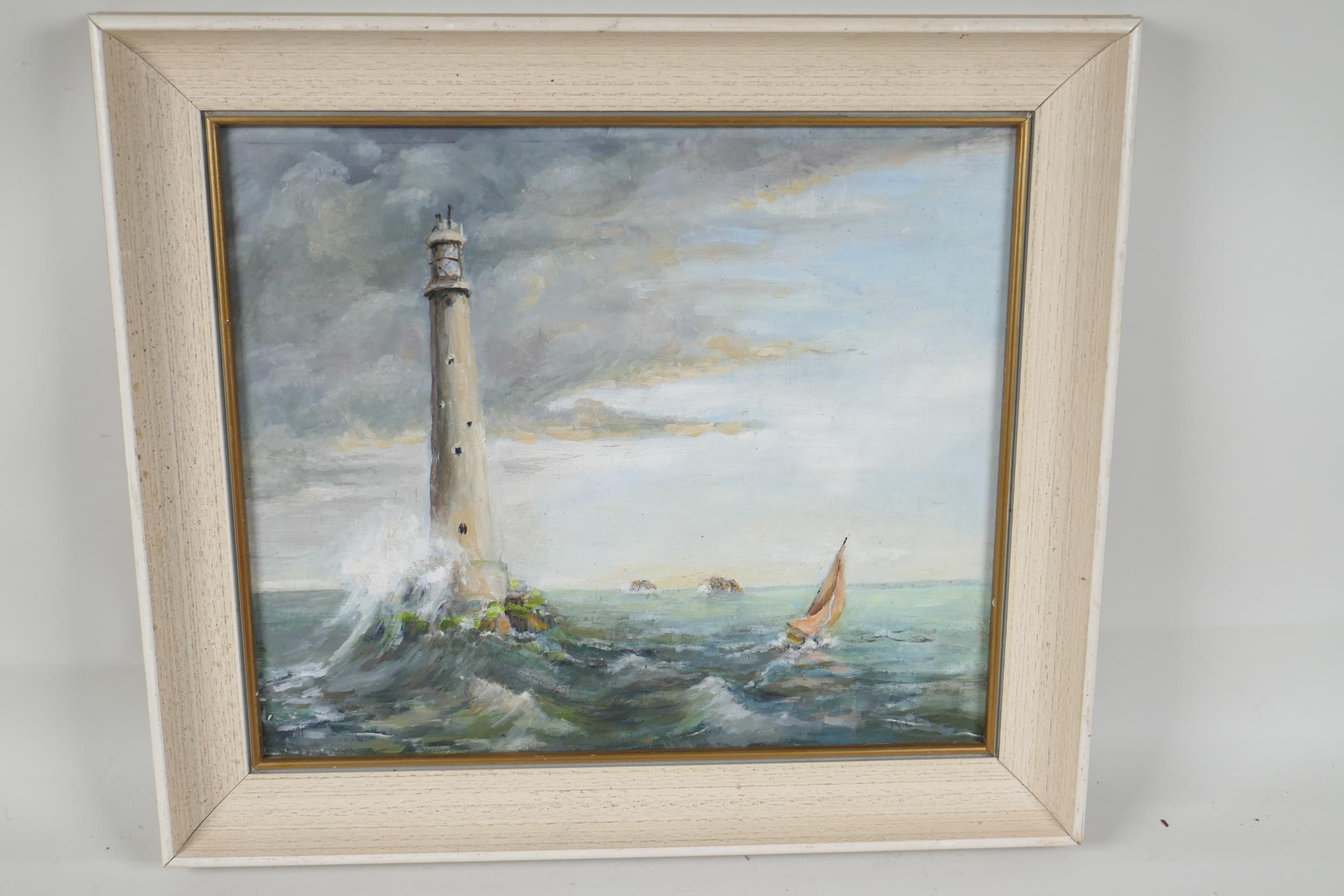 A light house and sailing ship in a stormy sea, titled verso "Bishops Rock Lighthouse", oil on - Image 3 of 4