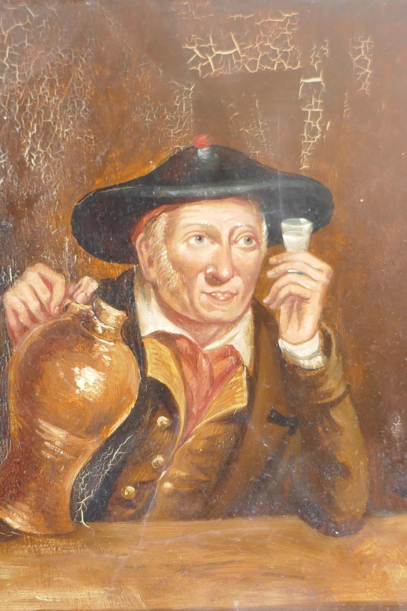 A drinker in a gin house, C19th oil on board, 7" x 10"