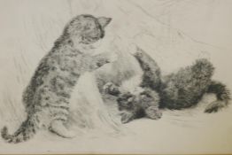 H. Dixon, kittens playing, etching, 12" x 9"