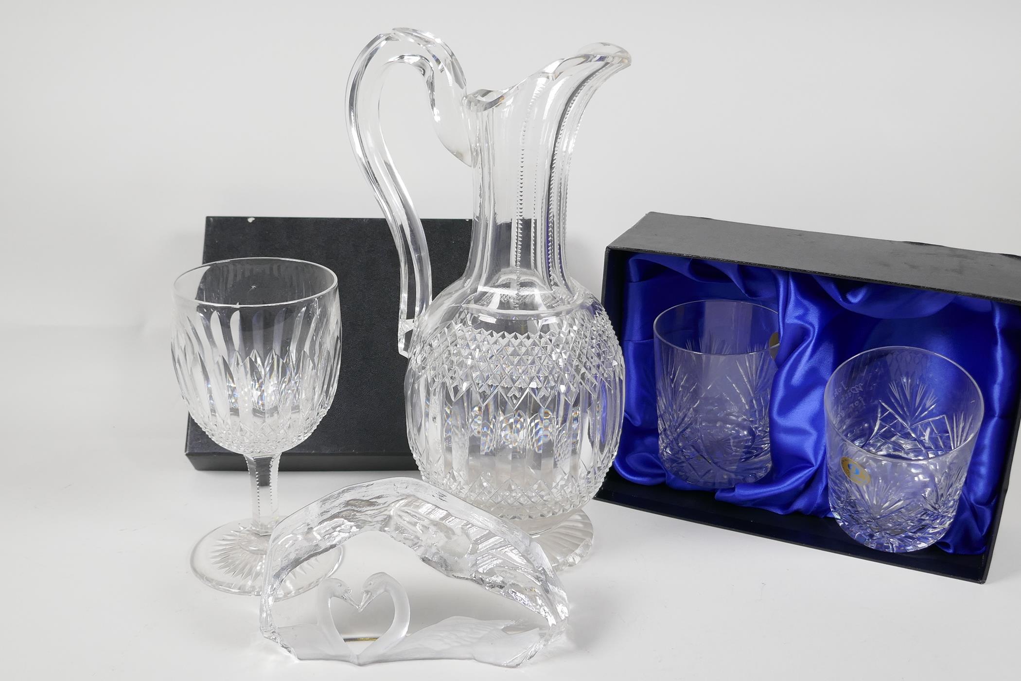 A cut lead crystal wine jug, 11" high, A/F,  matching goblet, a pair of lead crystal tumblers and