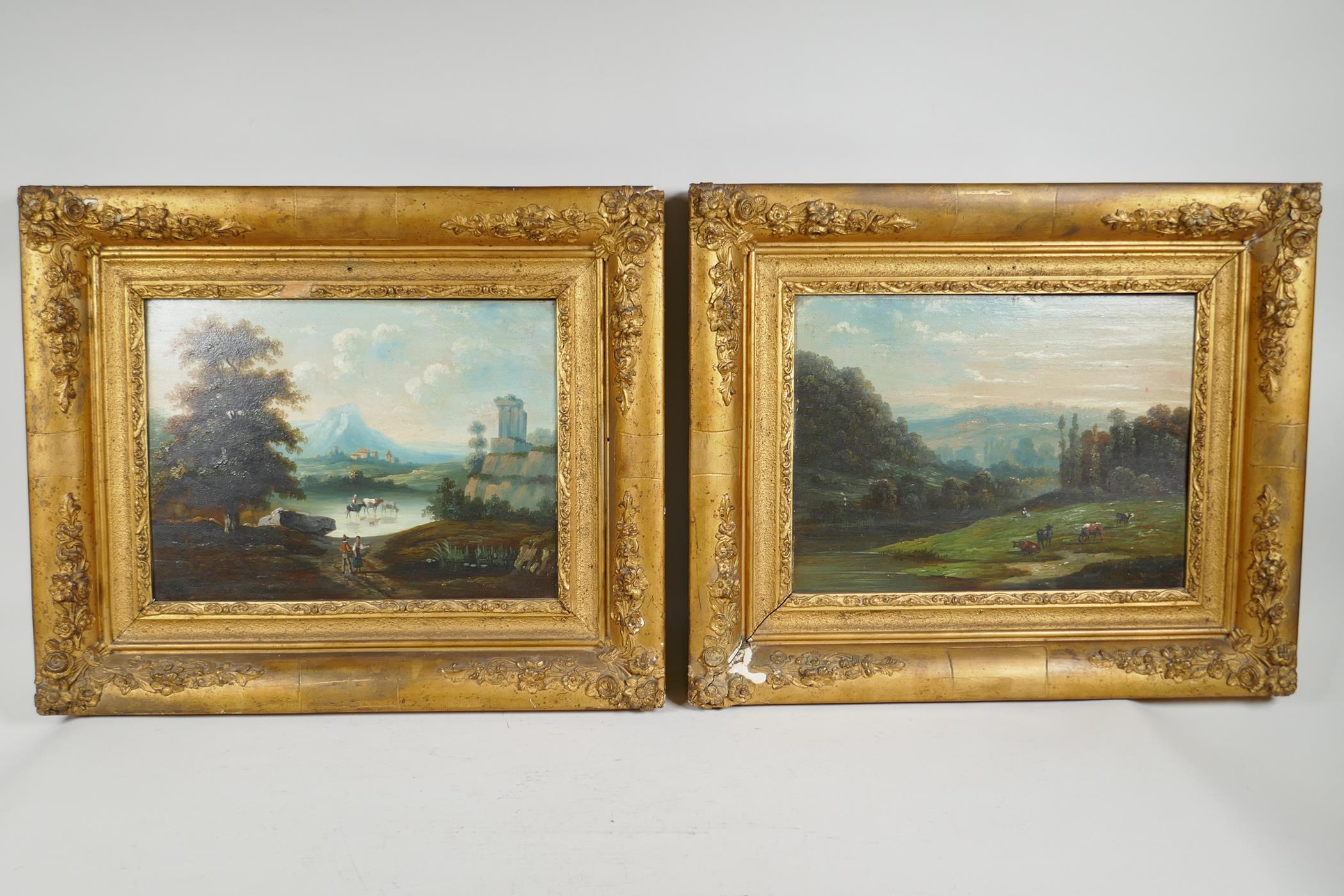 A pair of late C18th/early C19th classical landscape scenes, oil on poplar wood, 13" x 9" - Image 4 of 5