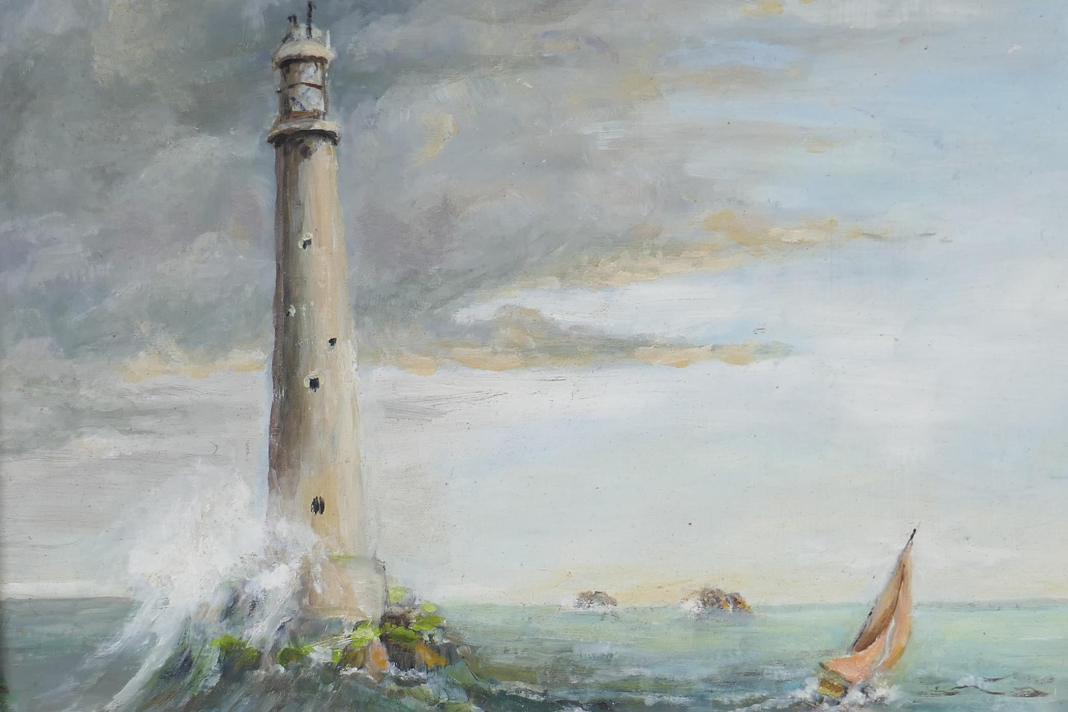 A light house and sailing ship in a stormy sea, titled verso "Bishops Rock Lighthouse", oil on