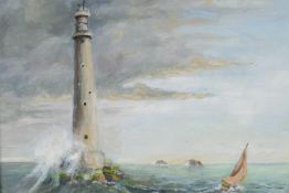 A light house and sailing ship in a stormy sea, titled verso "Bishops Rock Lighthouse", oil on