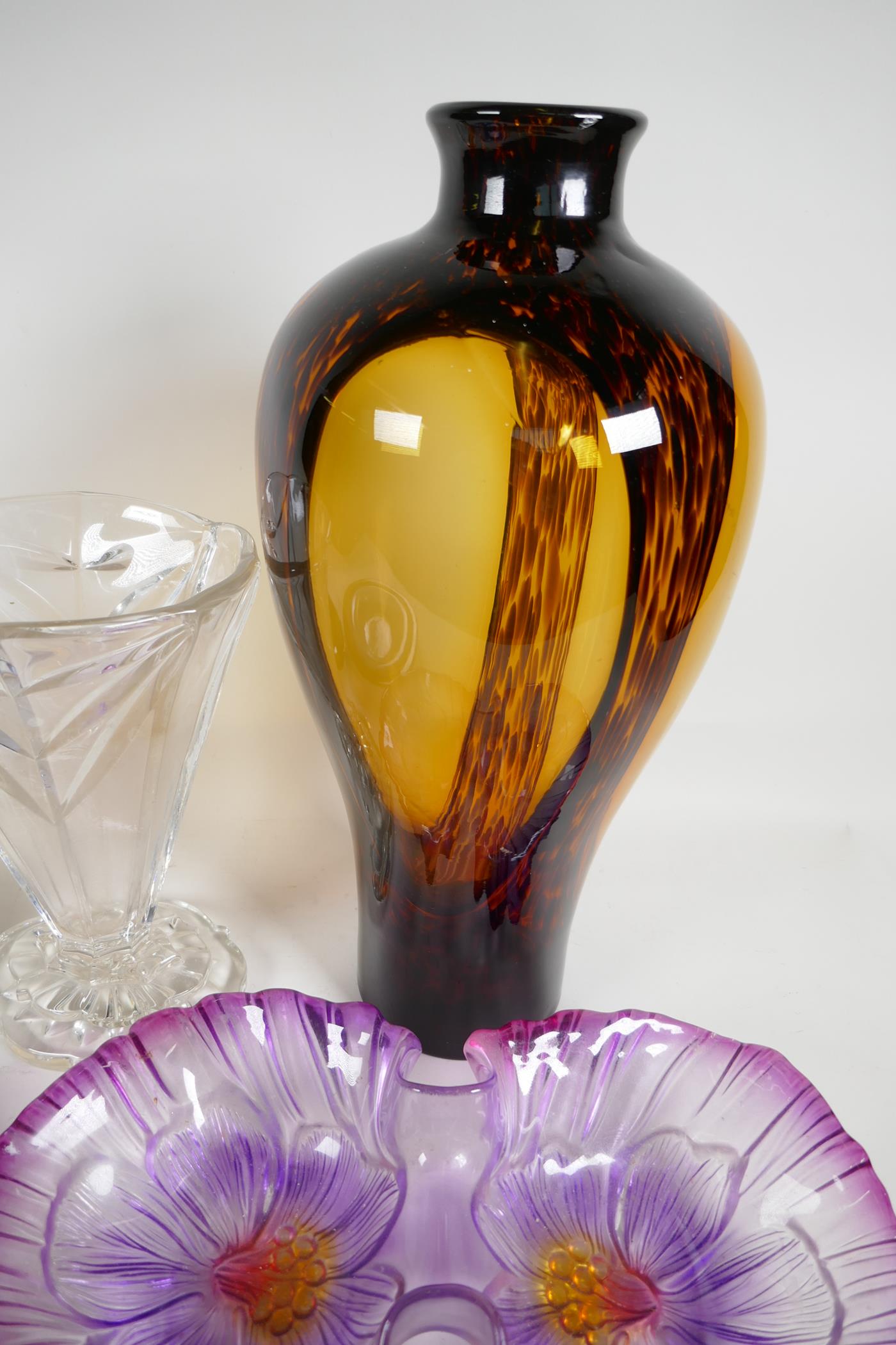 A brown studio glass vase, 16" high, an Art Deco moulded clear glass vase, a Murano style studio - Image 2 of 6