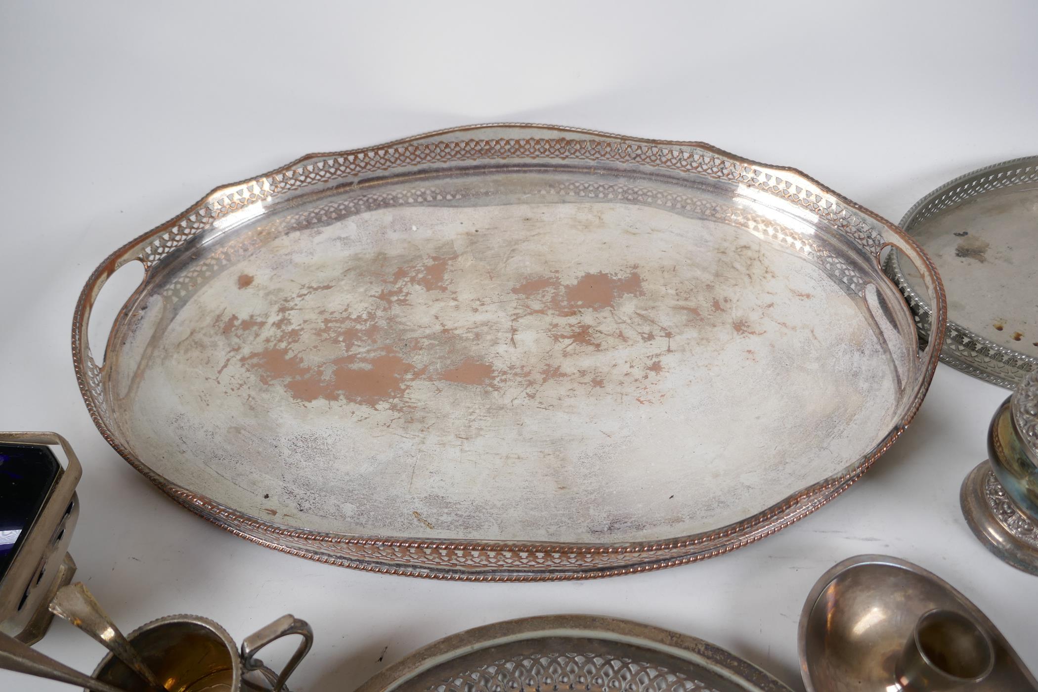 A Sheffield plated oval gallery tray with pierced gallery, 18" x 12" and a quantity of silver plated - Image 2 of 4