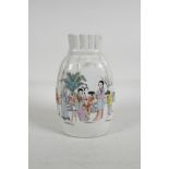 A Chinese polychrome porcelain vase, in the form of a sack, decorated with women & children,