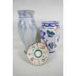 A Honiton pottery floral decorated vase marked Collard, 8" high, a small Honiton conical bowl and