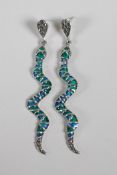 A pair of silver & plique a jour drop earrings in the form of snakes, 3" drop