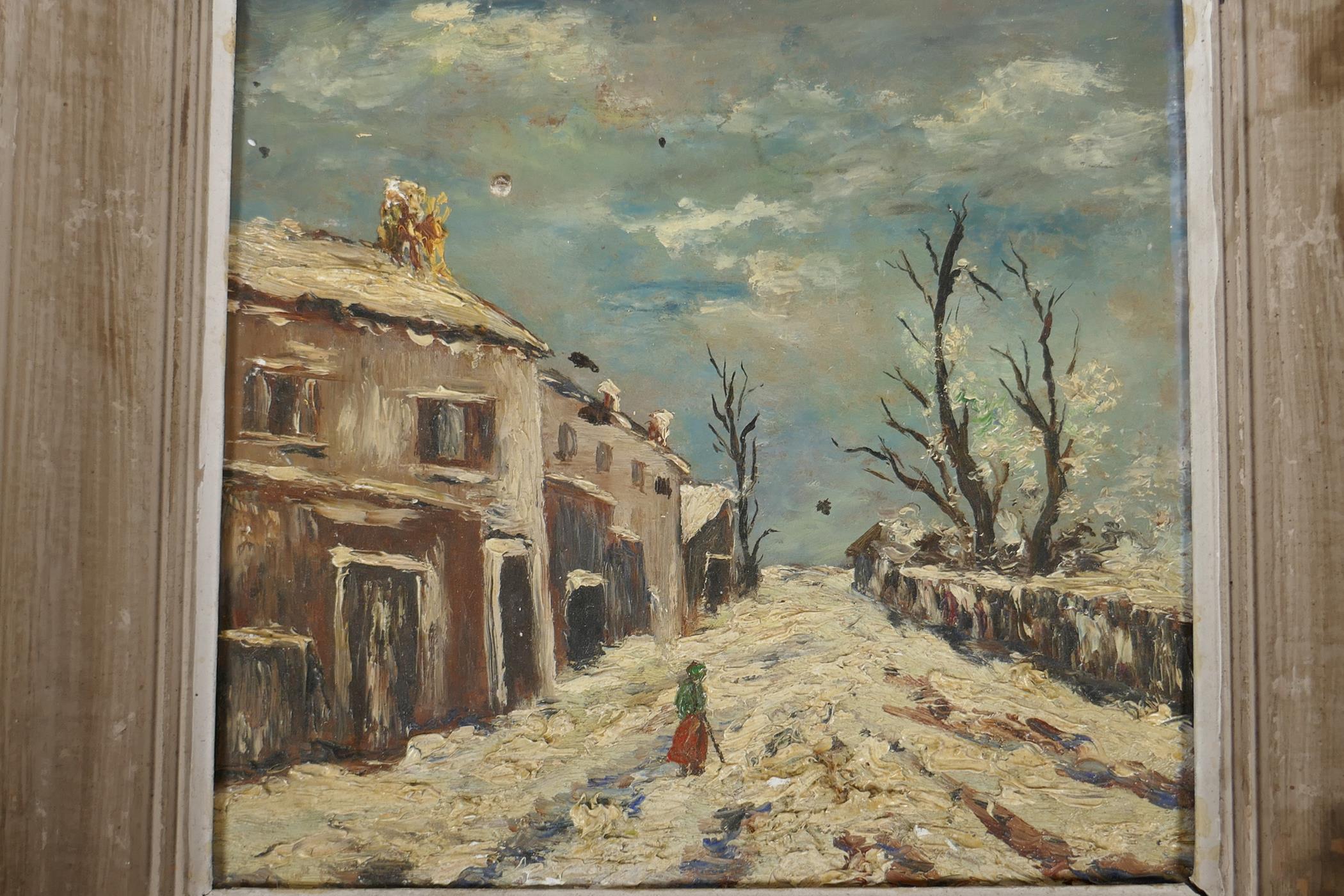 A winter street scene with lone figure in the snow, impressionist oil on board, 10" x 9½"