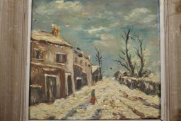 A winter street scene with lone figure in the snow, impressionist oil on board, 10" x 9½"