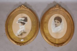 A pair of C19th overpainted lithographs, portraits of two women, in oval frames with grape and