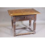 A C19th Continental pine and fruitwood single drawer side table with marquetry inlaid top, 36" x 24"