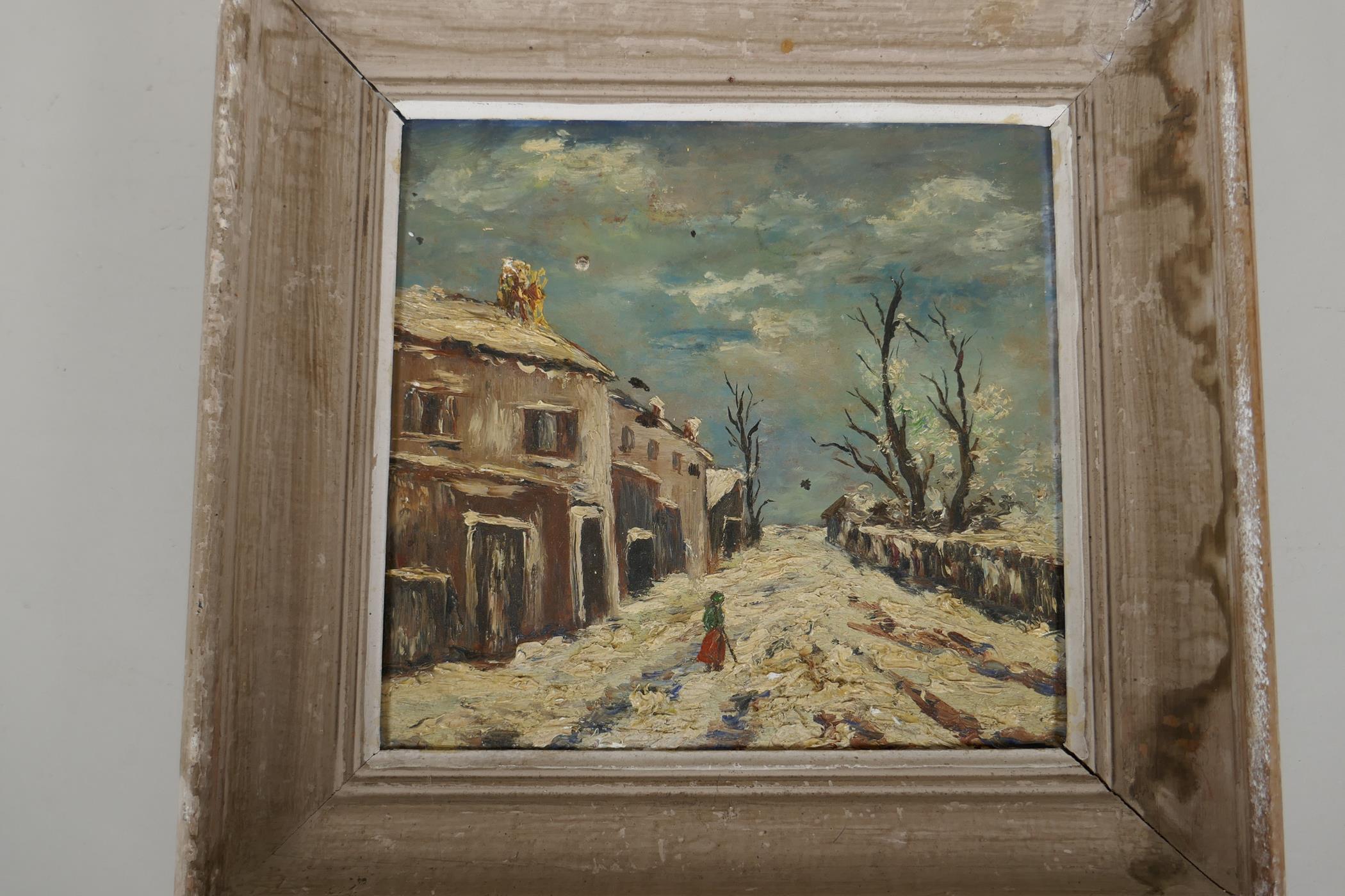 A winter street scene with lone figure in the snow, impressionist oil on board, 10" x 9½" - Image 2 of 2