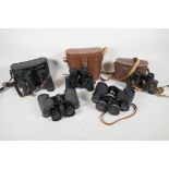 Four pairs of Charles Frank field binoculars, (two 8x30, one 8x40 and one 8x25), and a pair of
