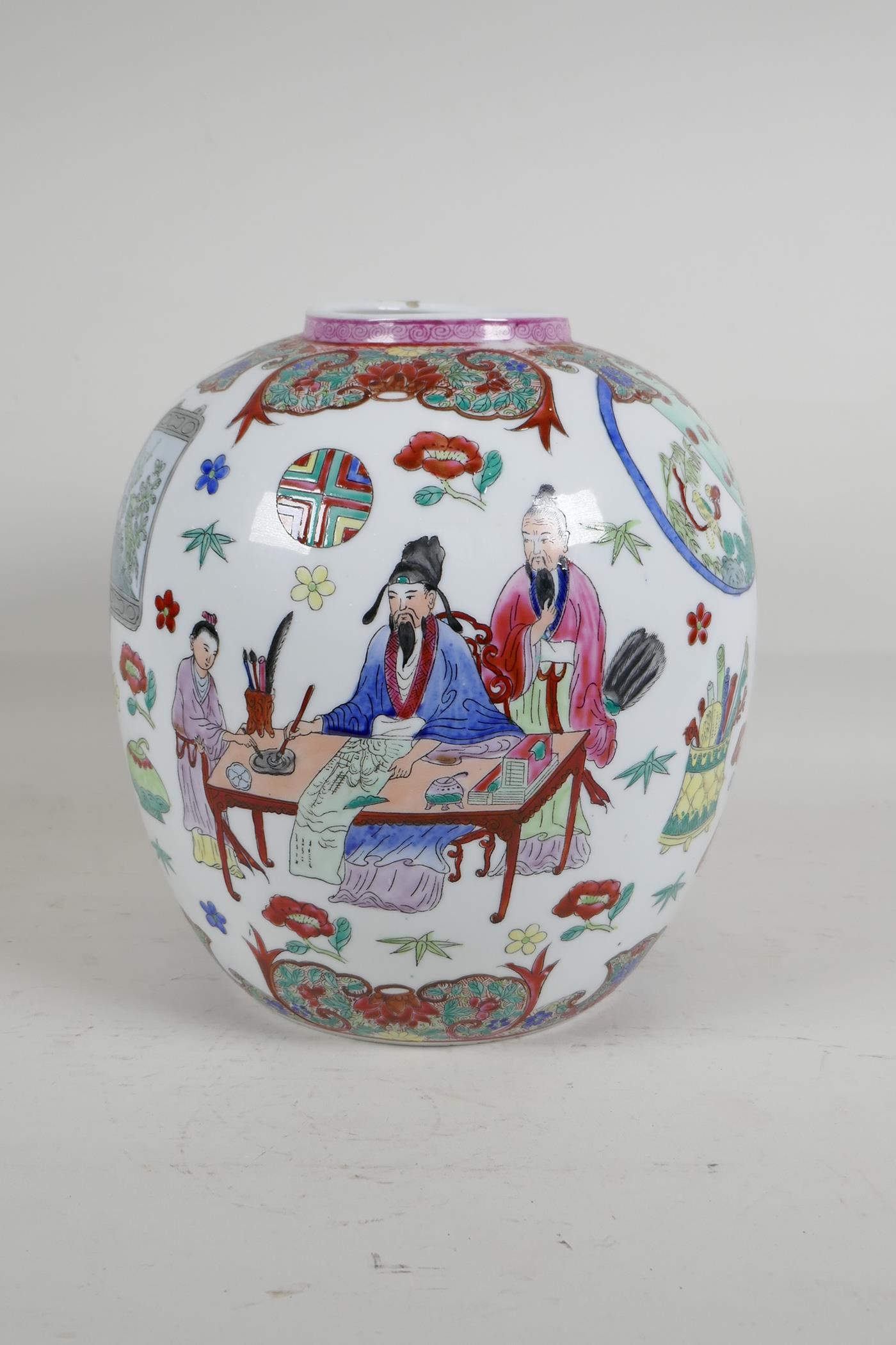 A Chinese polychrome porcelain jar, decorated with scribes in an interior, Seal mark to base, 8½" - Image 3 of 5