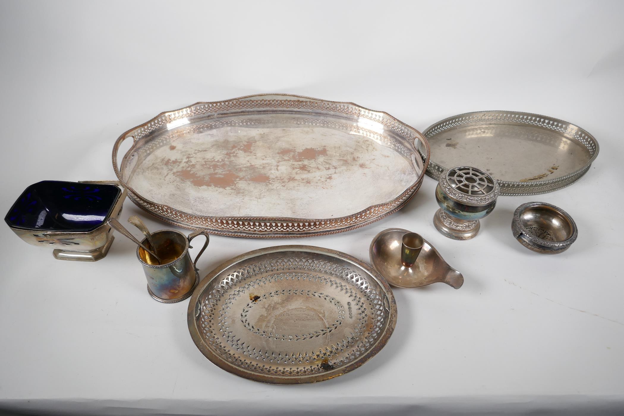 A Sheffield plated oval gallery tray with pierced gallery, 18" x 12" and a quantity of silver plated