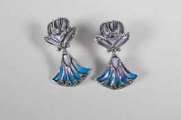 A pair of Art Nouveau style silver & plique a jour earrings, 1" drop