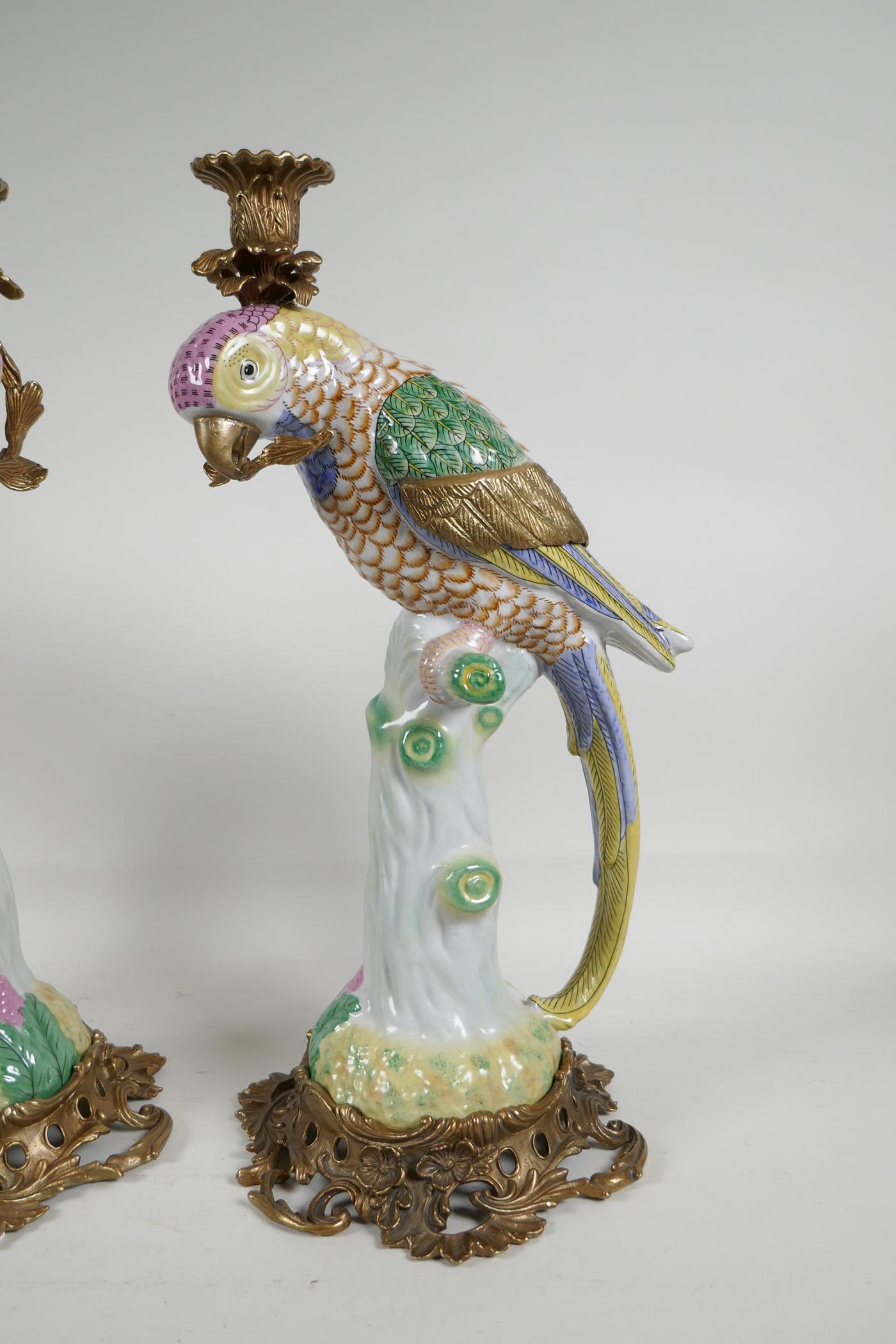 A pair of polychrome porcelain and gilt metal parakeet candlesticks, 16" high - Image 3 of 5