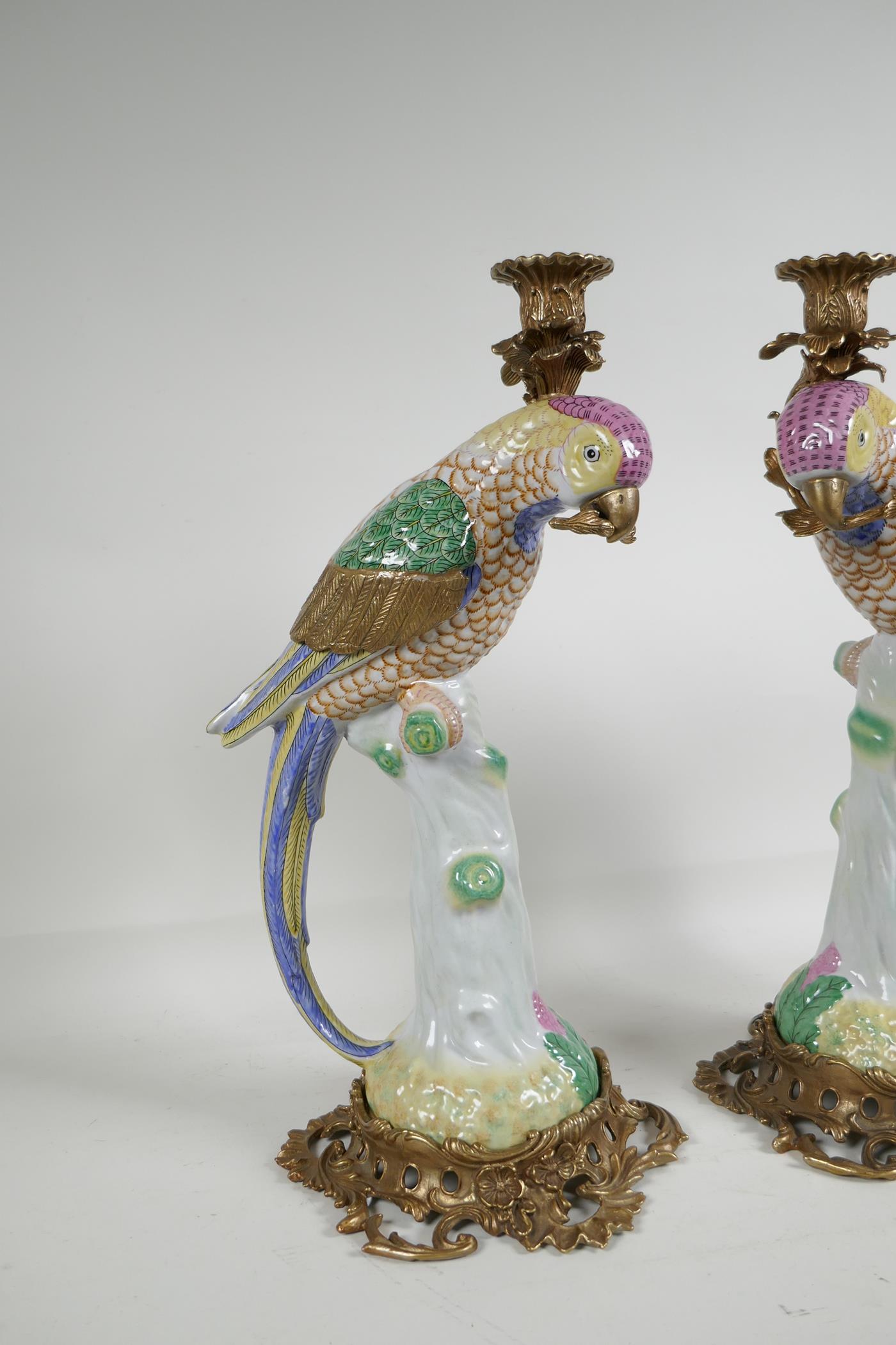 A pair of polychrome porcelain and gilt metal parakeet candlesticks, 16" high - Image 2 of 5