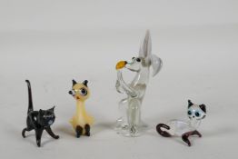 Three miniature glass cats & a rabbit, largest 3½" high