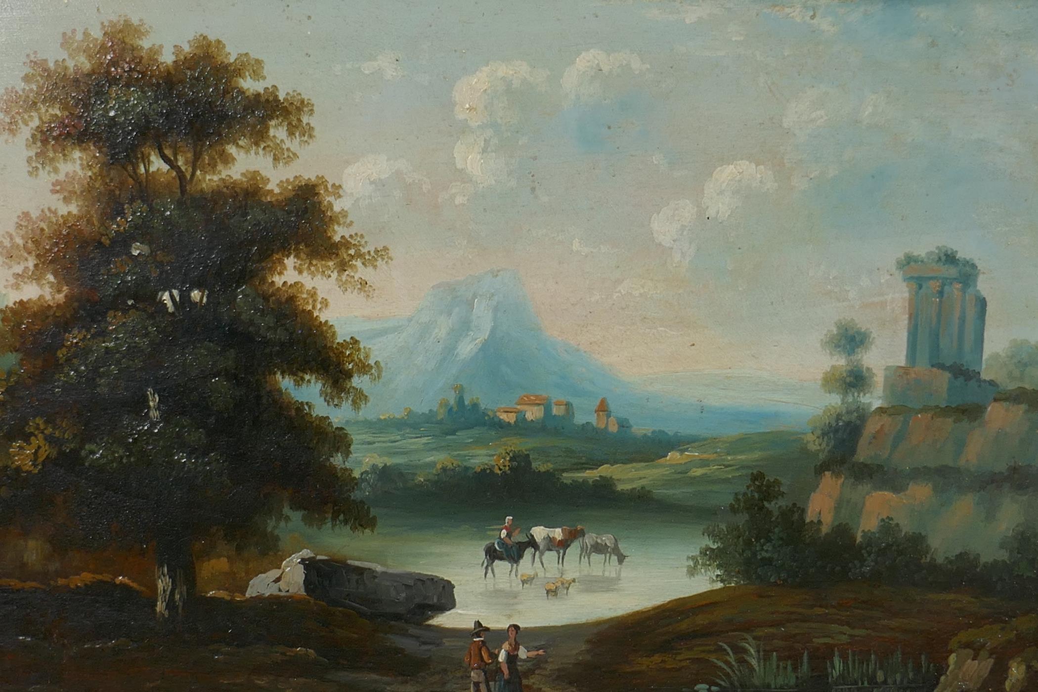 A pair of late C18th/early C19th classical landscape scenes, oil on poplar wood, 13" x 9" - Image 2 of 5