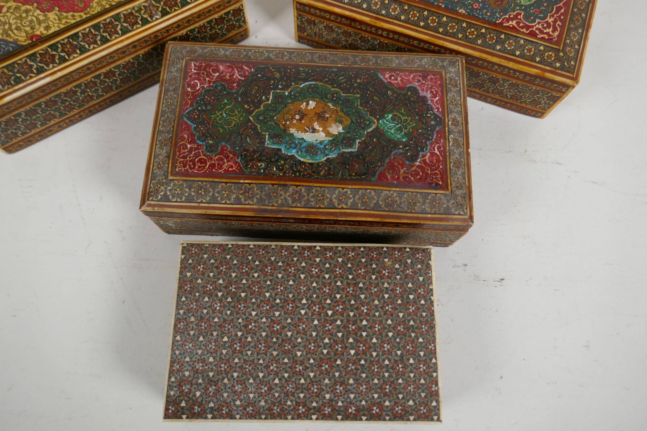 Four middle eastern micro mosaic cigarette boxes with painted covers, longest 6" x 3" x 2" - Image 2 of 4