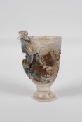 A Chinese crystal/moulded glass wine cup, with raised decoration of dragon and phoenix, 4" high