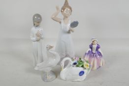 A Royal Doulton figure, Dinky Do HN1678, 4½" high, and an Royal Doulton floral swan, a Lladro duck