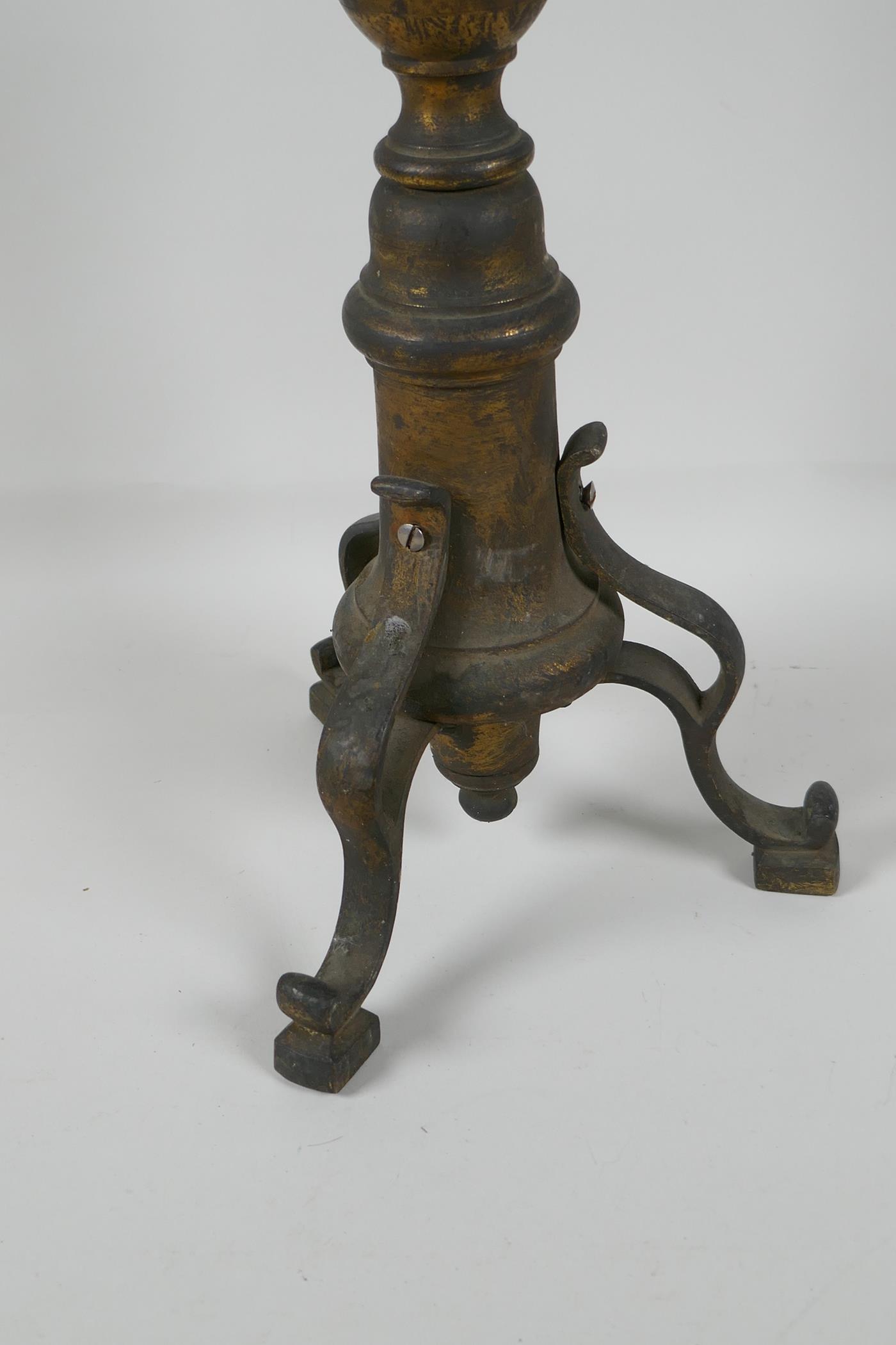 A turned bronze candlestick on a tripod base, 28" high - Image 2 of 3