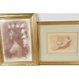 A pencil sketch of a male nude, after the antique, 8" x 5½", and a contemporary female nude by Colin