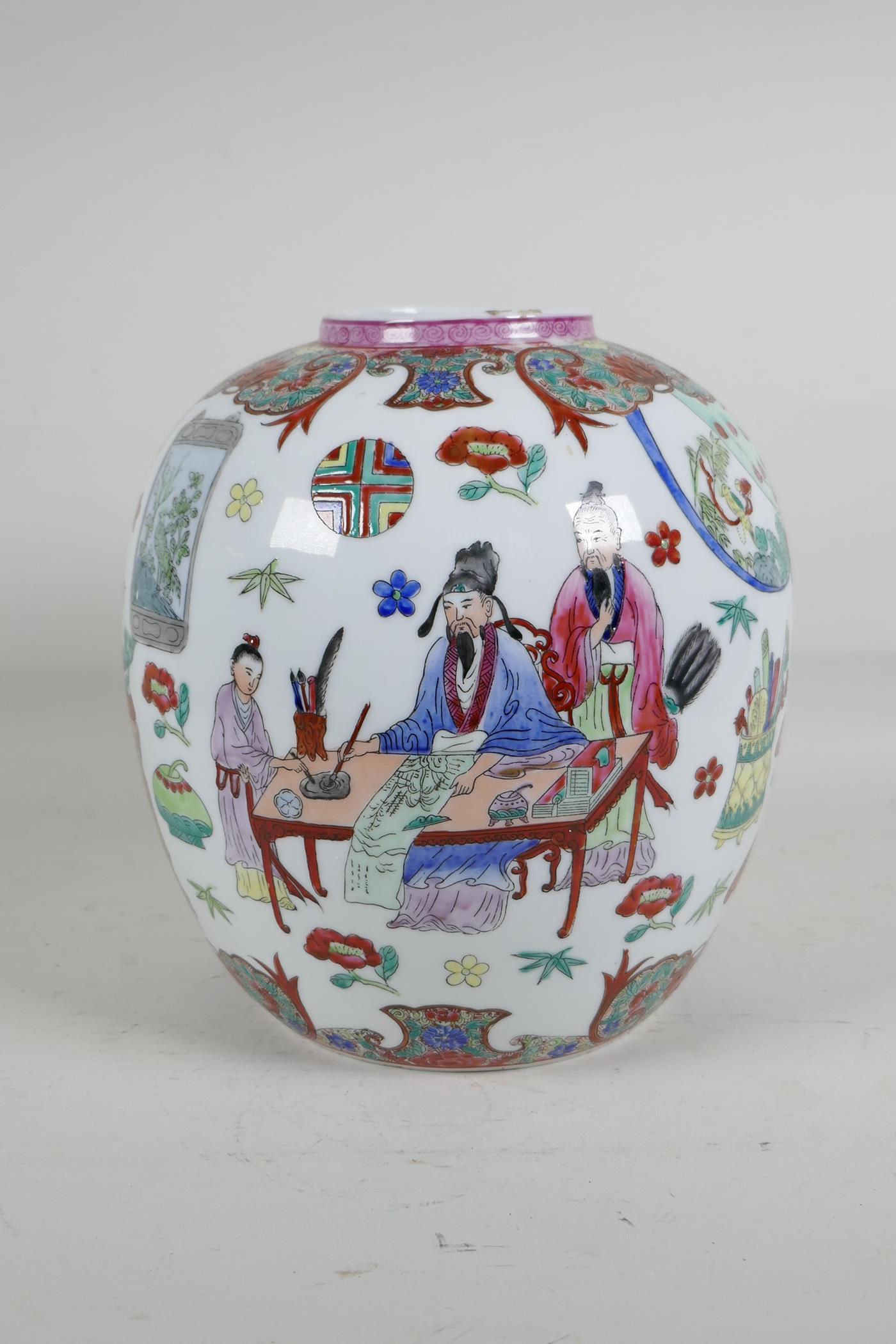 A Chinese polychrome porcelain jar, decorated with scribes in an interior, Seal mark to base, 8½"