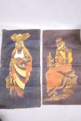 A pair of batik artworks of Masai women & children, signed indistinctly, 18" x 38"