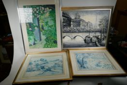 A pair of lithographs, harbour scene and landscape, after A. Minguet, and two further paintings