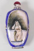 A Chinese enamel snuff bottle decorated with a female nude and lake landscape 4½" long