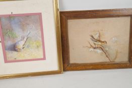 A C19th watercolour of a finch on a branch, 12" x 9",  and another of a dead bird, signed L Haynes