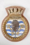 A cast aluminium ship's plaque from HMS Alfriston, 9" long on a wooden shield
