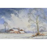 Frank Halliday, snow covered rural landscape, with farm buildings, signed watercolour, 21" x 14"