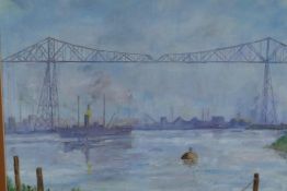 Gary Booth, industrial river scene with the Tee's Transporter bridge, Middlesborough, signed,