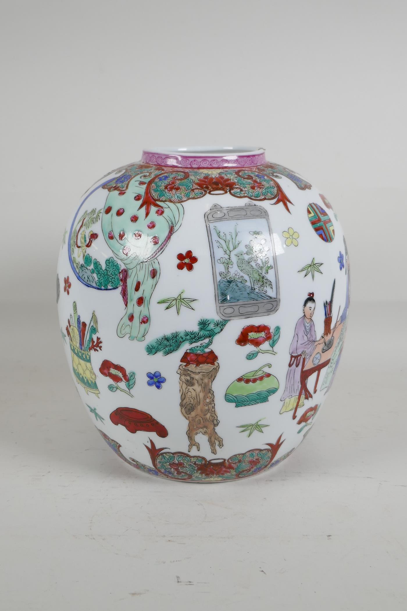 A Chinese polychrome porcelain jar, decorated with scribes in an interior, Seal mark to base, 8½" - Image 4 of 5