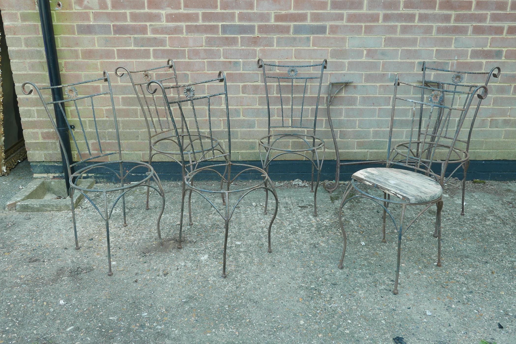 A set of six wrought iron garden chairs and matching table base, A/F, lack seats - Image 3 of 4